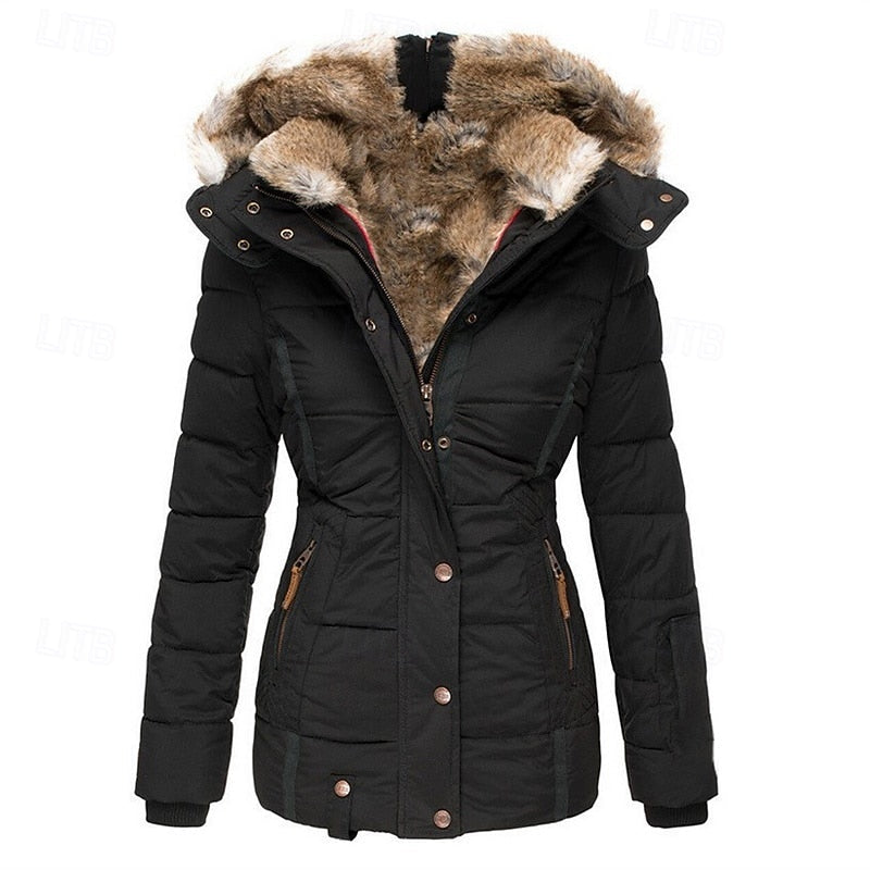 Hooded Winter Jacket Women's Faux Fur Trim Black Padded Parka Coat – Casual, Warm Outdoor Wear