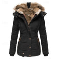 Hooded Winter Jacket Women's Faux Fur Trim Black Padded Parka Coat – Casual, Warm Outdoor Wear