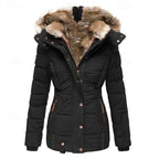 Hooded Winter Jacket Women's Faux Fur Trim Black Padded Parka Coat – Casual, Warm Outdoor Wear