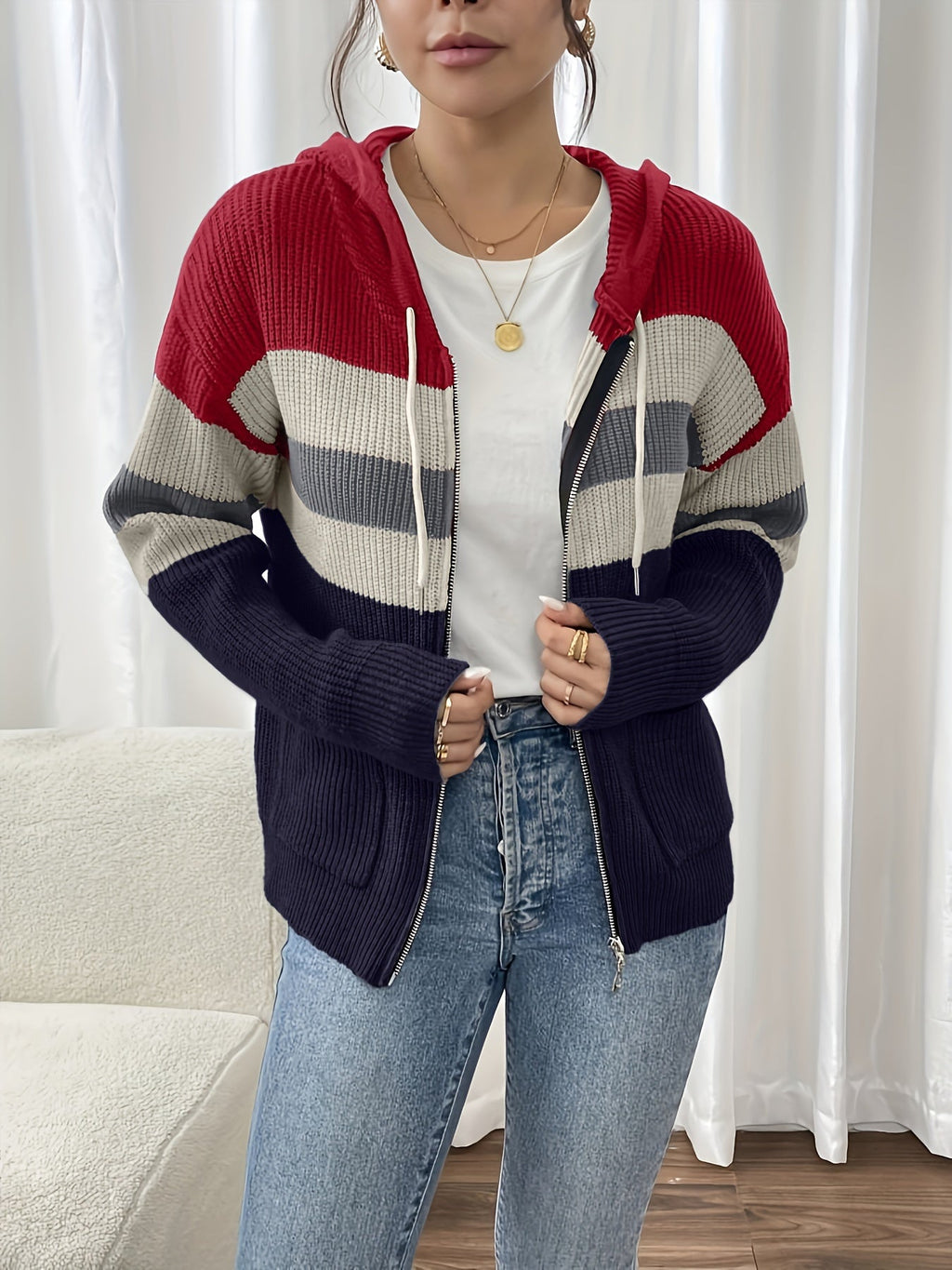 Hooded Zip Cardigan Women's Colour-Block Knit Sweater with Drawstring Pockets – Casual, Everyday