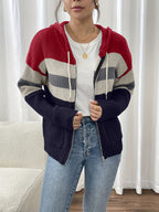 Hooded Zip Cardigan Women's Colour-Block Knit Sweater with Drawstring Pockets – Casual, Everyday