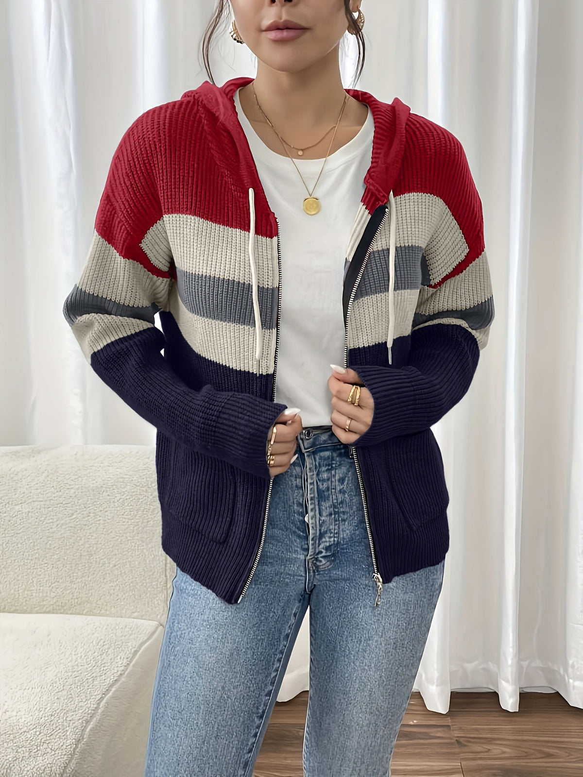 Hooded Zip Cardigan Women's Colour-Block Knit Sweater with Drawstring Pockets – Casual, Everyday