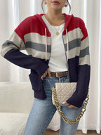 Hooded Zip Cardigan Women's Colour-Block Knit Sweater with Drawstring Pockets – Casual, Everyday