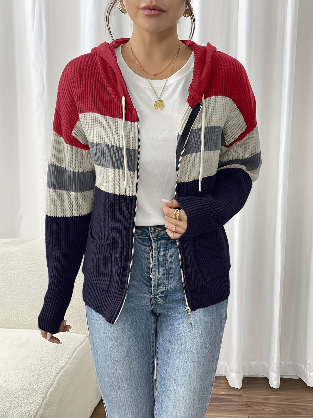 Hooded Zip Cardigan Women's Colour-Block Knit Sweater with Drawstring Pockets – Casual, Everyday