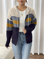 Hooded Zip Cardigan Women's Colour-Block Knit Sweater with Drawstring Pockets – Casual, Everyday
