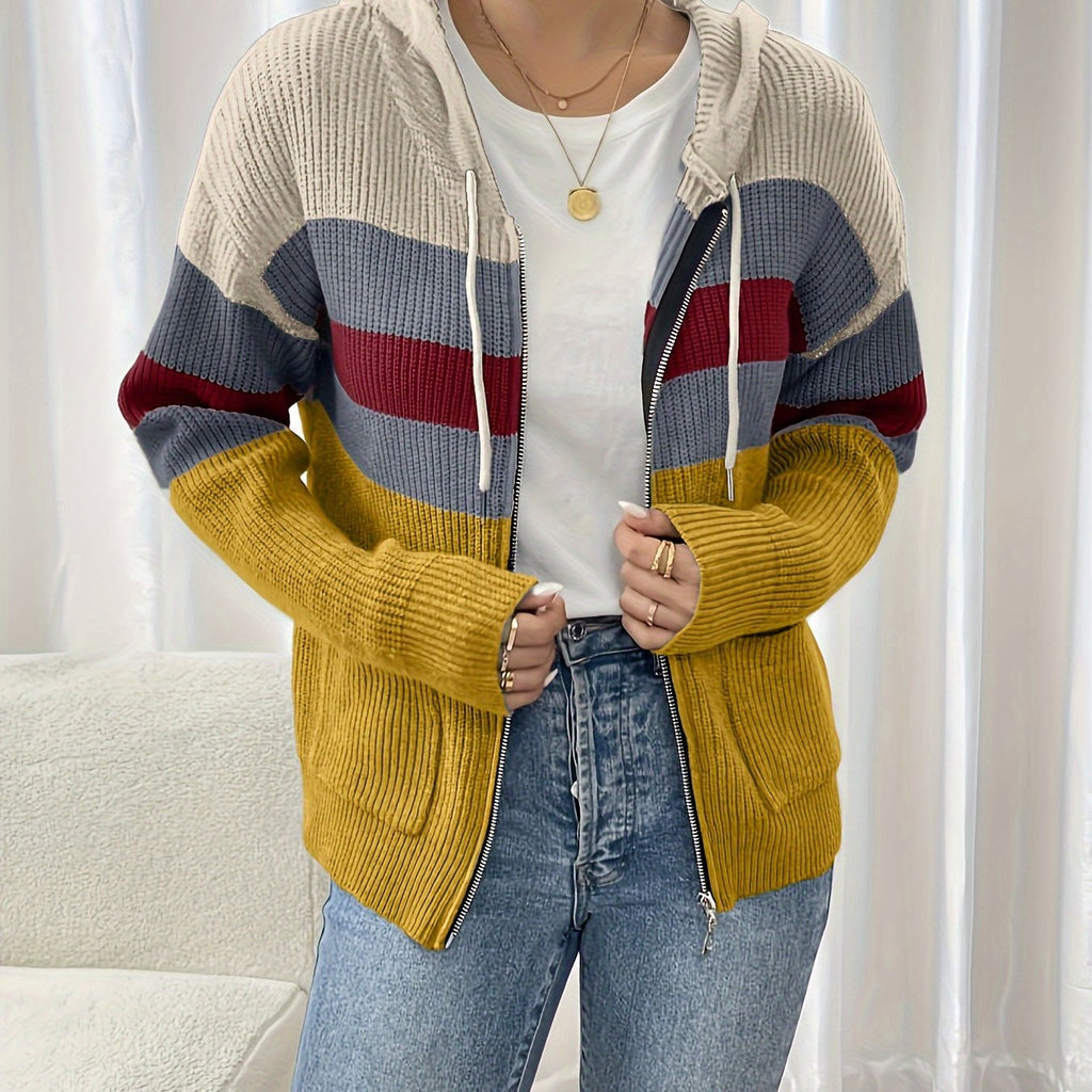 Hooded Zip Cardigan Women's Colour-Block Knit Sweater with Drawstring Pockets – Casual, Everyday