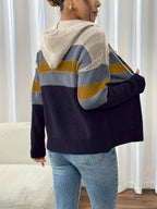 Hooded Zip Cardigan Women's Colour-Block Knit Sweater with Drawstring Pockets – Casual, Everyday
