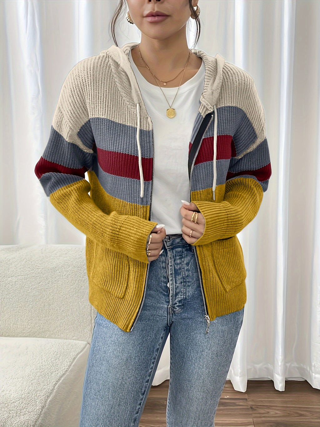 Hooded Zip Cardigan Women's Colour-Block Knit Sweater with Drawstring Pockets – Casual, Everyday