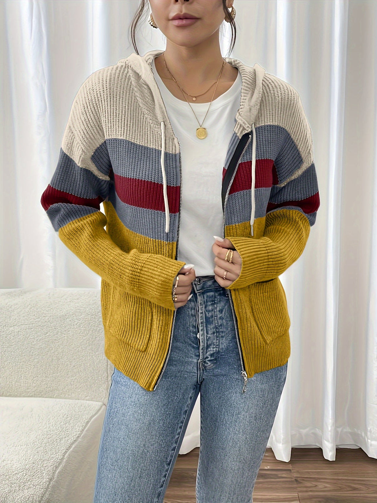 Hooded Zip Cardigan Women's Colour-Block Knit Sweater with Drawstring Pockets – Casual, Everyday