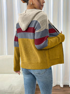 Hooded Zip Cardigan Women's Colour-Block Knit Sweater with Drawstring Pockets – Casual, Everyday