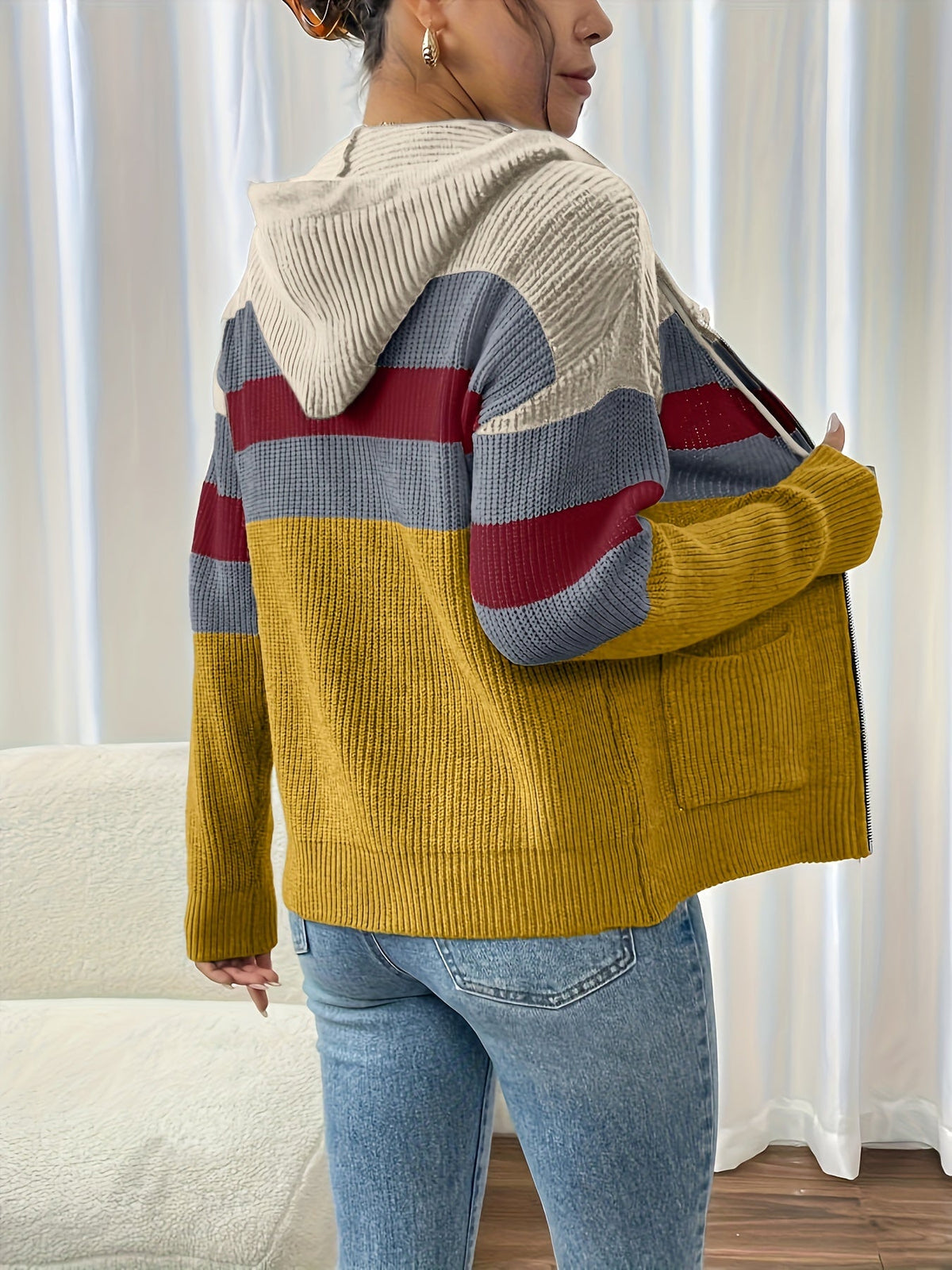 Hooded Zip Cardigan Women's Colour-Block Knit Sweater with Drawstring Pockets – Casual, Everyday