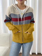 Hooded Zip Cardigan Women's Colour-Block Knit Sweater with Drawstring Pockets – Casual, Everyday