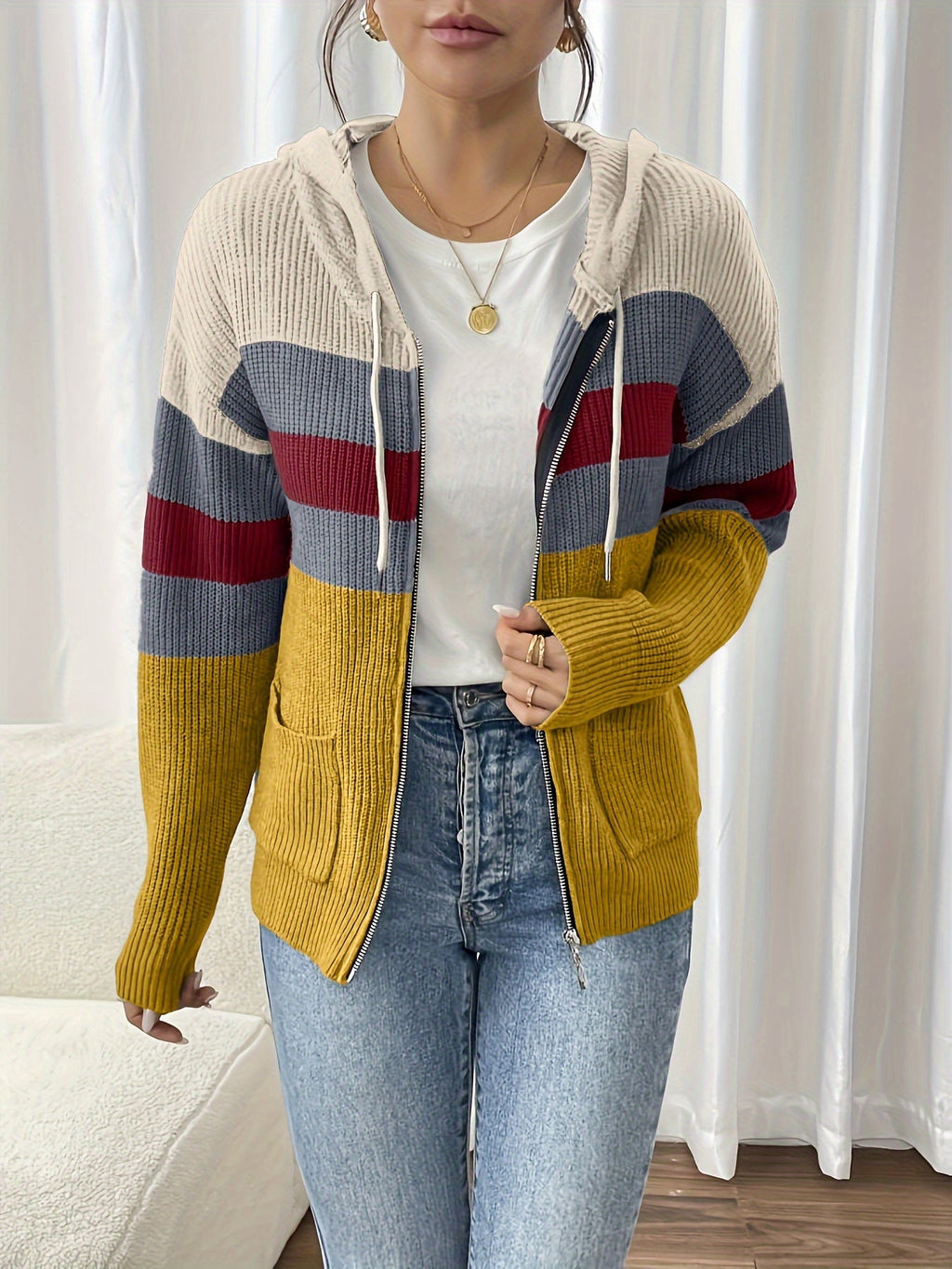 Hooded Zip Cardigan Women's Colour-Block Knit Sweater with Drawstring Pockets – Casual, Everyday
