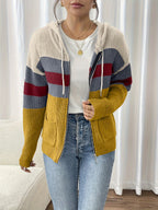 Hooded Zip Cardigan Women's Colour-Block Knit Sweater with Drawstring Pockets – Casual, Everyday