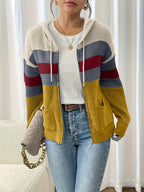 Hooded Zip Cardigan Women's Colour-Block Knit Sweater with Drawstring Pockets – Casual, Everyday