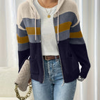 Hooded Zip Cardigan Women's Colour-Block Knit Sweater with Drawstring Pockets – Casual, Everyday