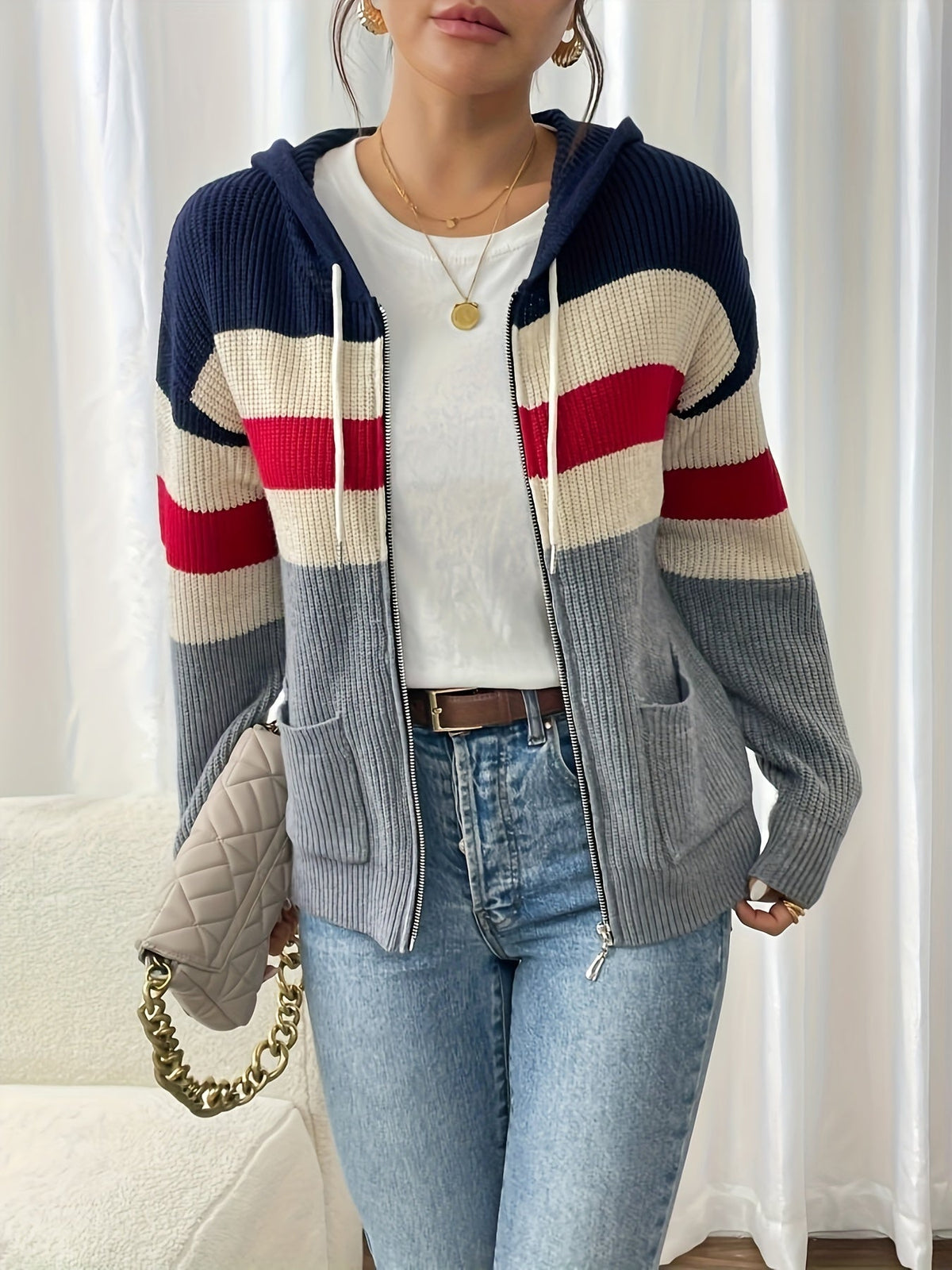 Hooded Zip Cardigan Women's Colour-Block Knit Sweater with Drawstring Pockets – Casual, Everyday