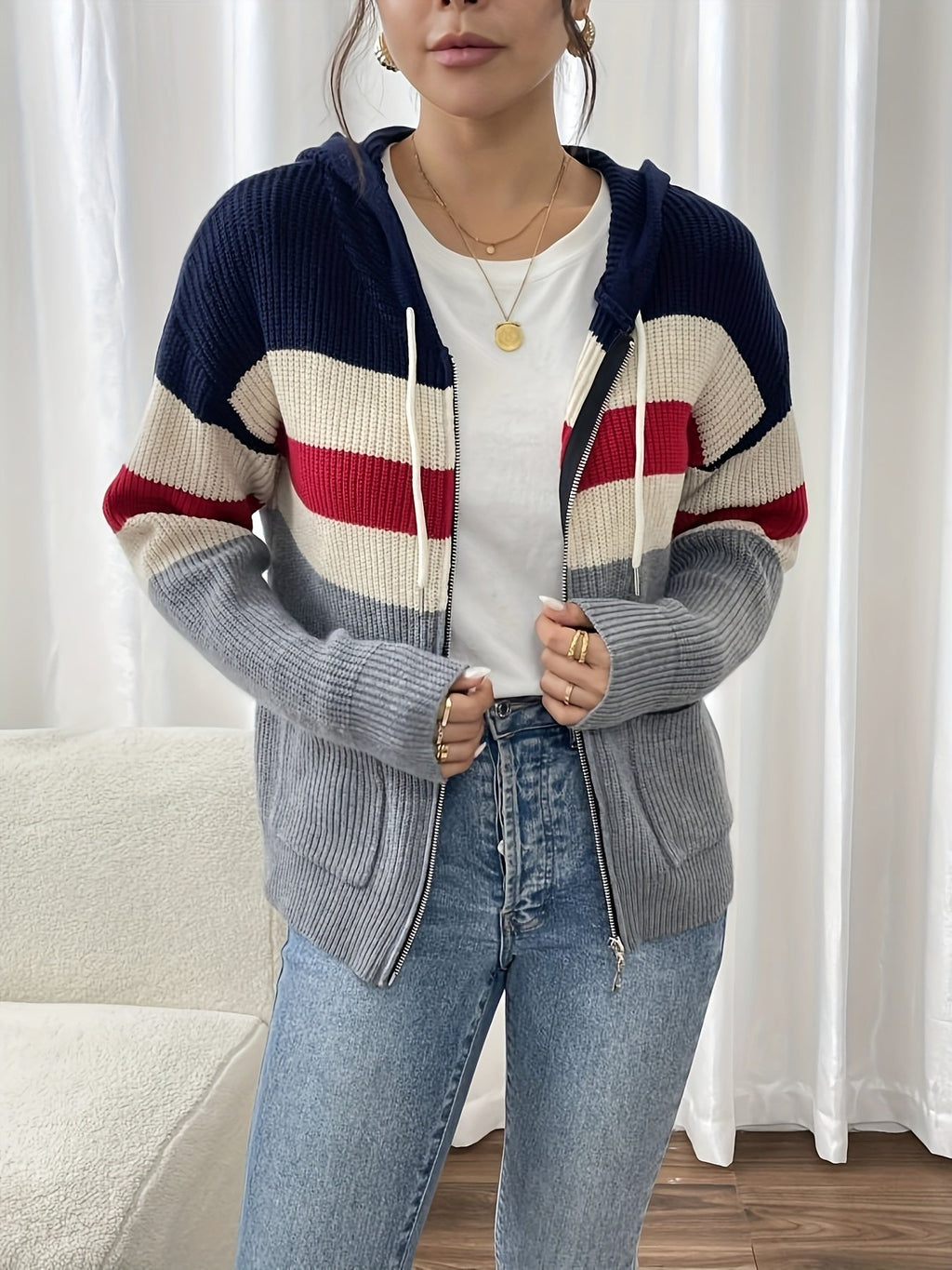 Hooded Zip Cardigan Women's Colour-Block Knit Sweater with Drawstring Pockets – Casual, Everyday