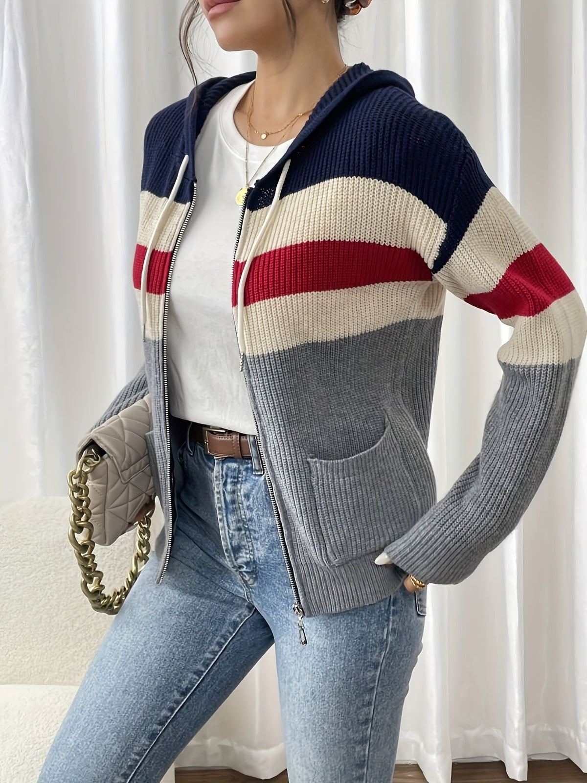 Hooded Zip Cardigan Women's Colour-Block Knit Sweater with Drawstring Pockets – Casual, Everyday