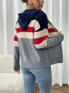 Hooded Zip Cardigan Women's Colour-Block Knit Sweater with Drawstring Pockets – Casual, Everyday