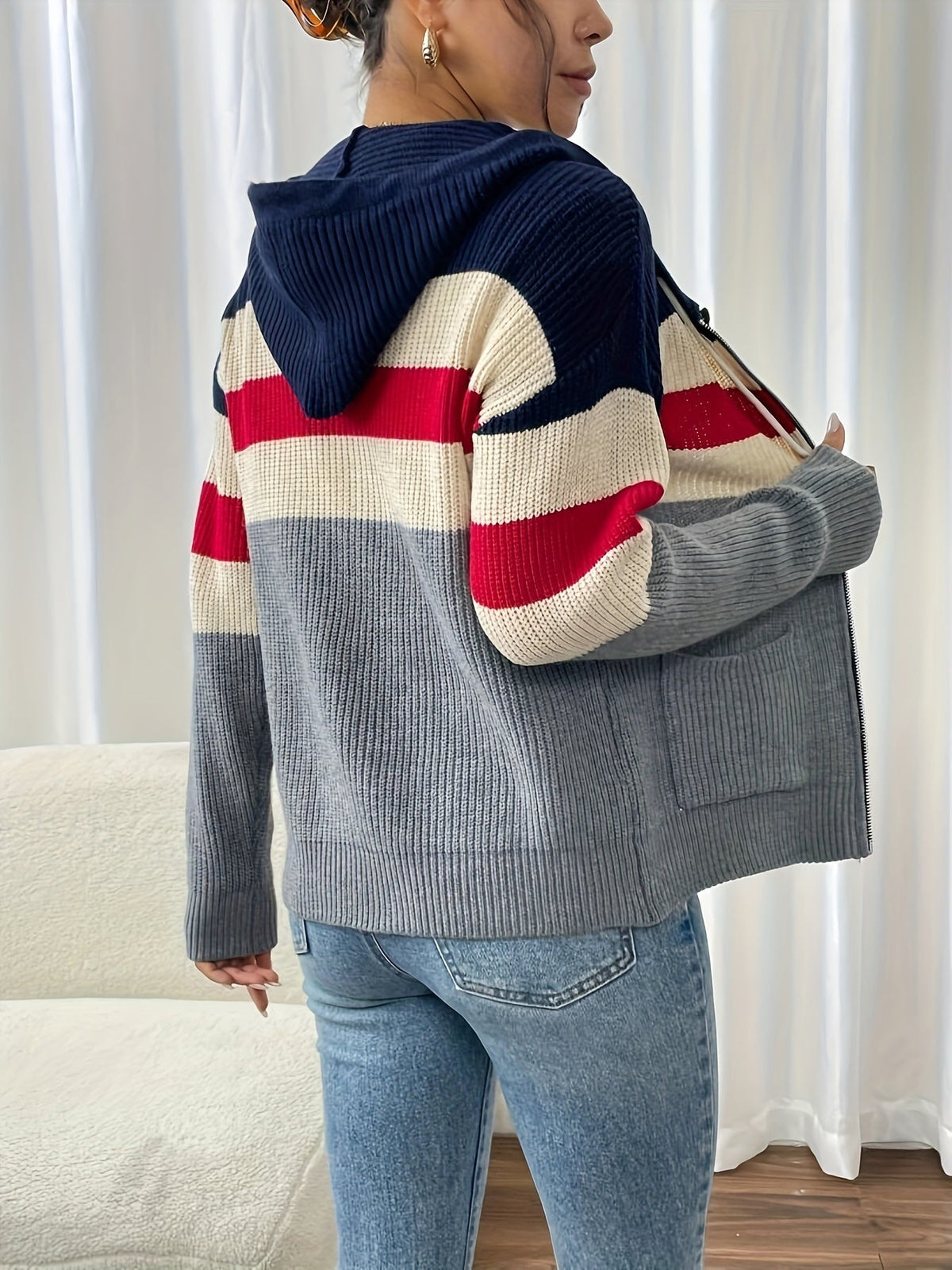 Hooded Zip Cardigan Women's Colour-Block Knit Sweater with Drawstring Pockets – Casual, Everyday