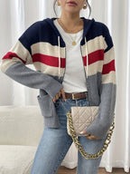 Hooded Zip Cardigan Women's Colour-Block Knit Sweater with Drawstring Pockets – Casual, Everyday