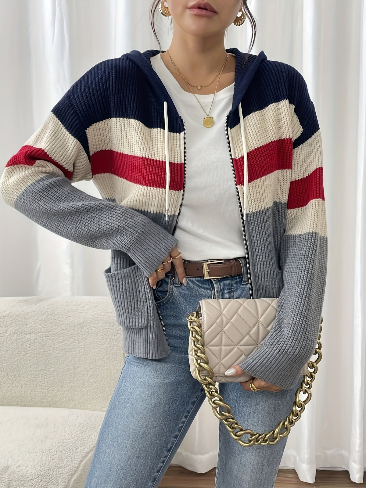 Hooded Zip Cardigan Women's Colour-Block Knit Sweater with Drawstring Pockets – Casual, Everyday
