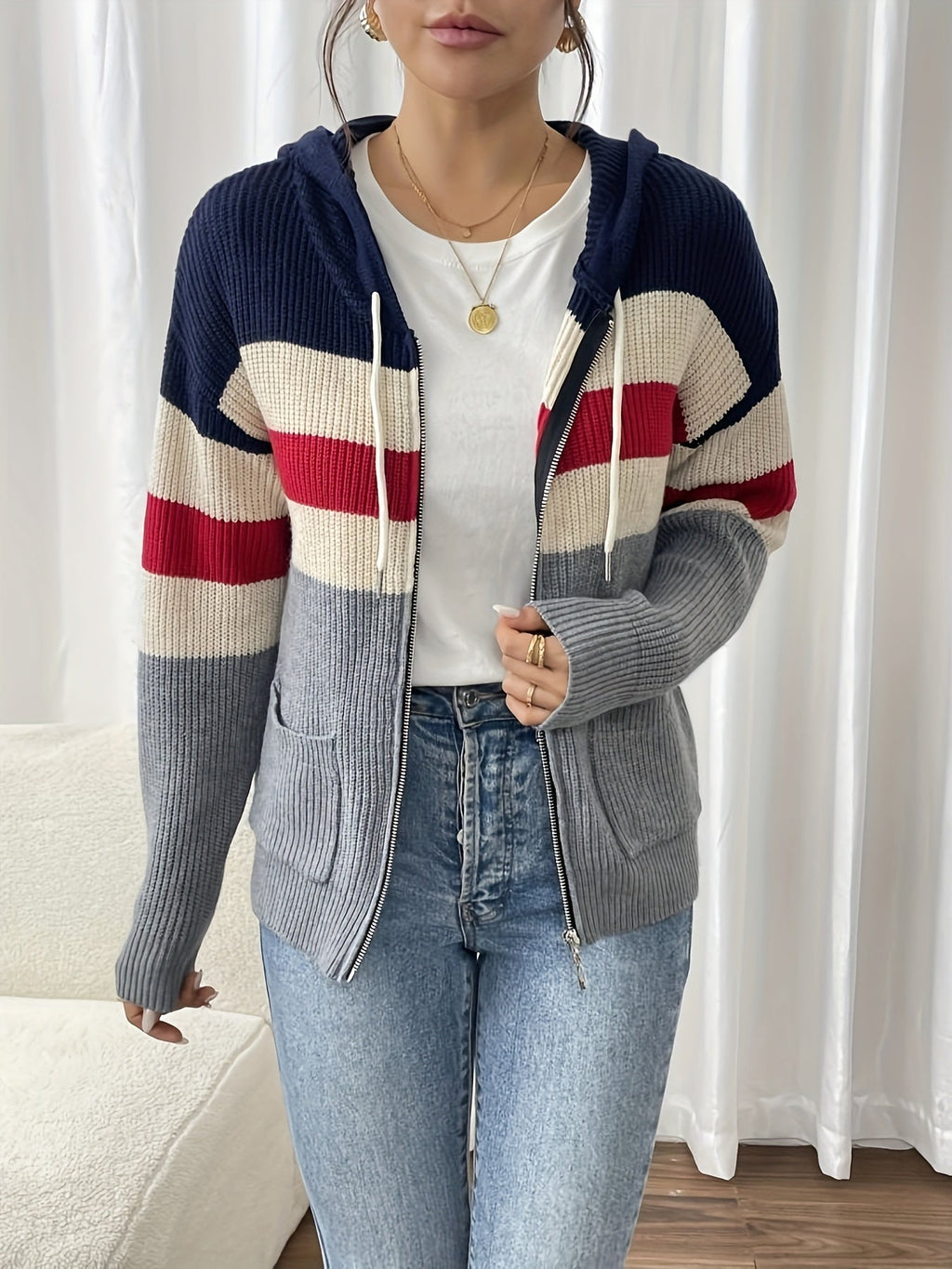 Hooded Zip Cardigan Women's Colour-Block Knit Sweater with Drawstring Pockets – Casual, Everyday