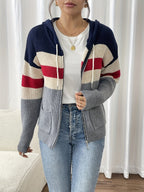 Hooded Zip Cardigan Women's Colour-Block Knit Sweater with Drawstring Pockets – Casual, Everyday