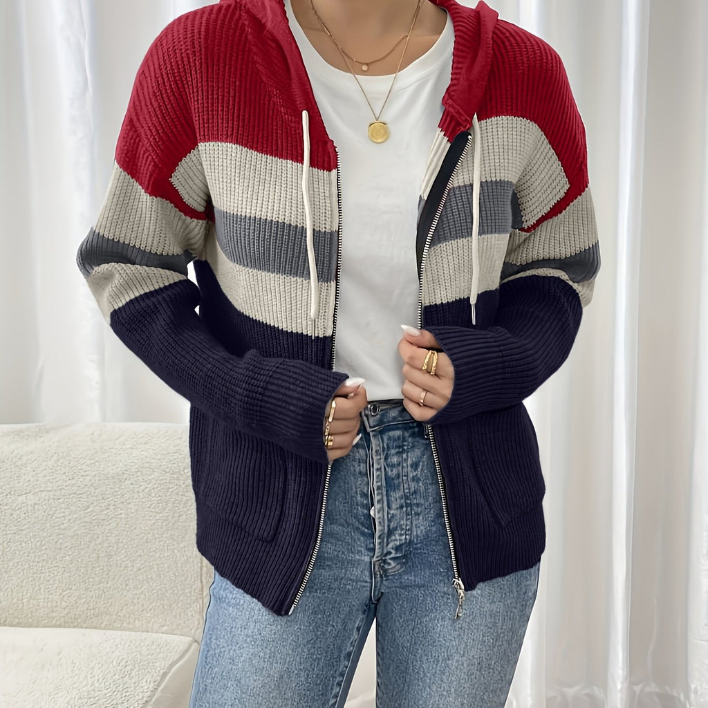 Hooded Zip Cardigan Women's Colour-Block Knit Sweater with Drawstring Pockets – Casual, Everyday