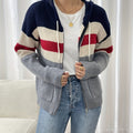 Hooded Zip Cardigan Women's Colour-Block Knit Sweater with Drawstring Pockets – Casual, Everyday
