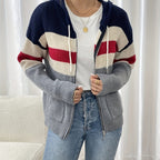 Hooded Zip Cardigan Women's Colour-Block Knit Sweater with Drawstring Pockets – Casual, Everyday