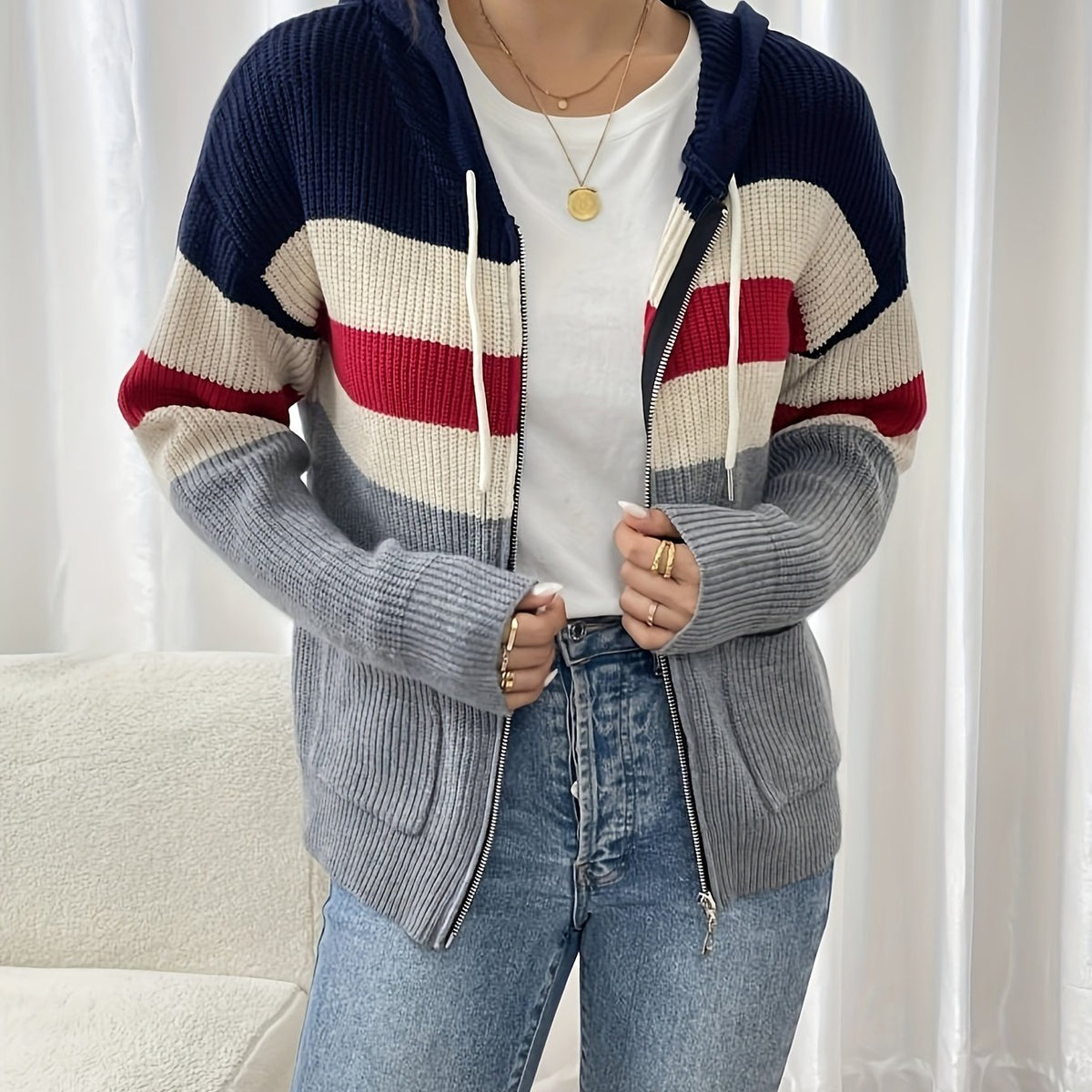 Hooded Zip Cardigan Women's Colour-Block Knit Sweater with Drawstring Pockets – Casual, Everyday