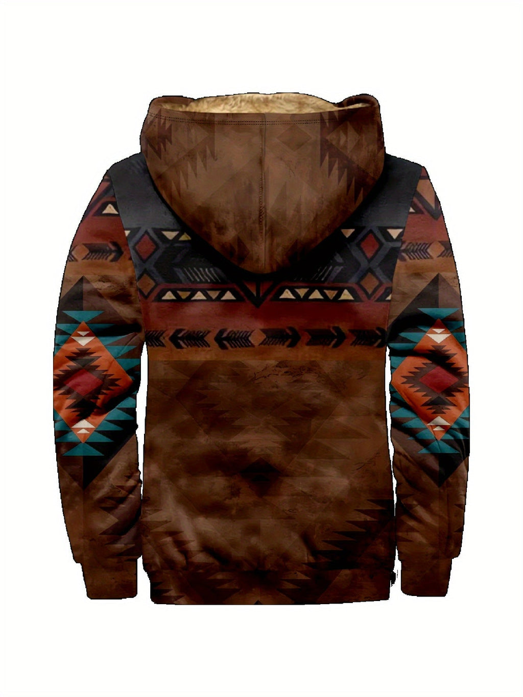 Hooded Zip Jacket Men's Aztec Print Sherpa Fleece Lined Brown – Casual, Winter Outdoor Wear