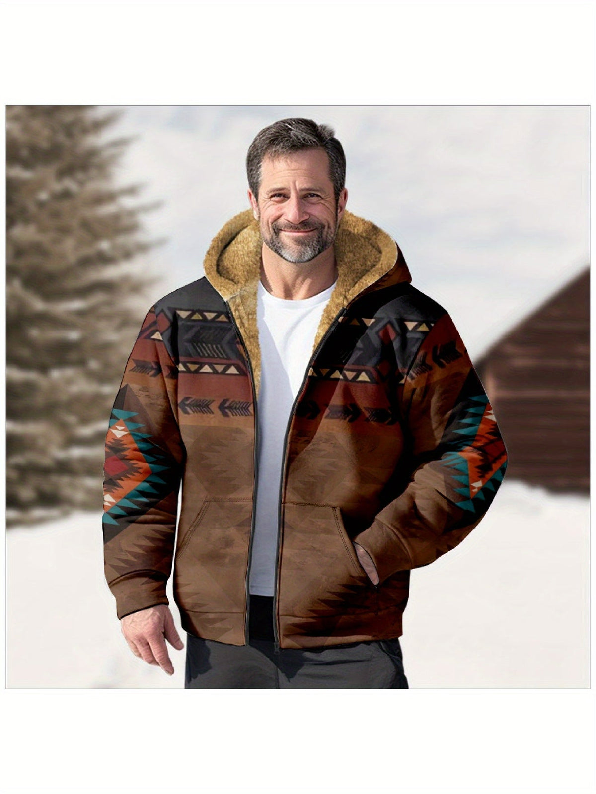 Hooded Zip Jacket Men's Aztec Print Sherpa Fleece Lined Brown – Casual, Winter Outdoor Wear