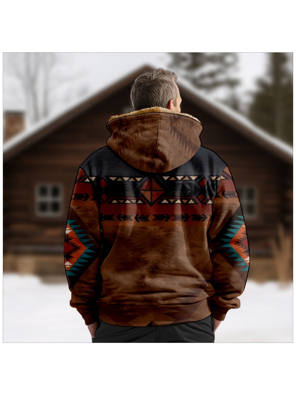 Hooded Zip Jacket Men's Aztec Print Sherpa Fleece Lined Brown – Casual, Winter Outdoor Wear