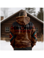 Hooded Zip Jacket Men's Aztec Print Sherpa Fleece Lined Brown – Casual, Winter Outdoor Wear