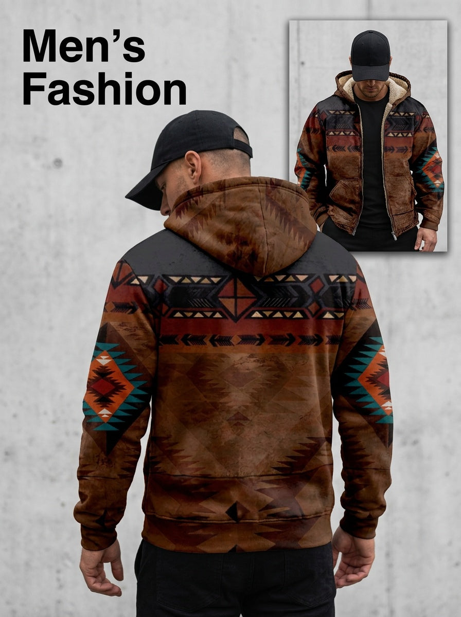 Hooded Zip Jacket Men's Aztec Print Sherpa Fleece Lined Brown – Casual, Winter Outdoor Wear