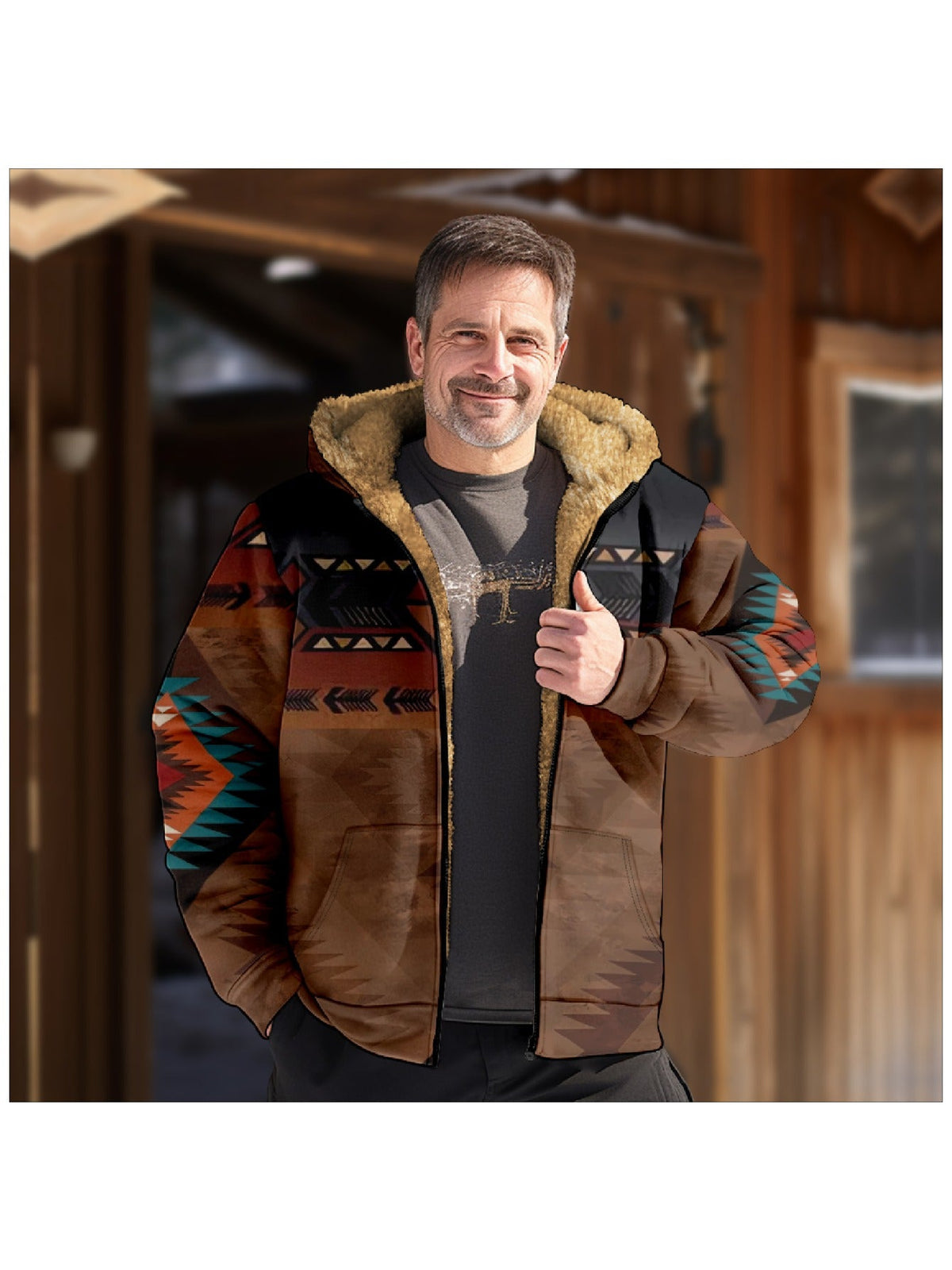 Hooded Zip Jacket Men's Aztec Print Sherpa Fleece Lined Brown – Casual, Winter Outdoor Wear