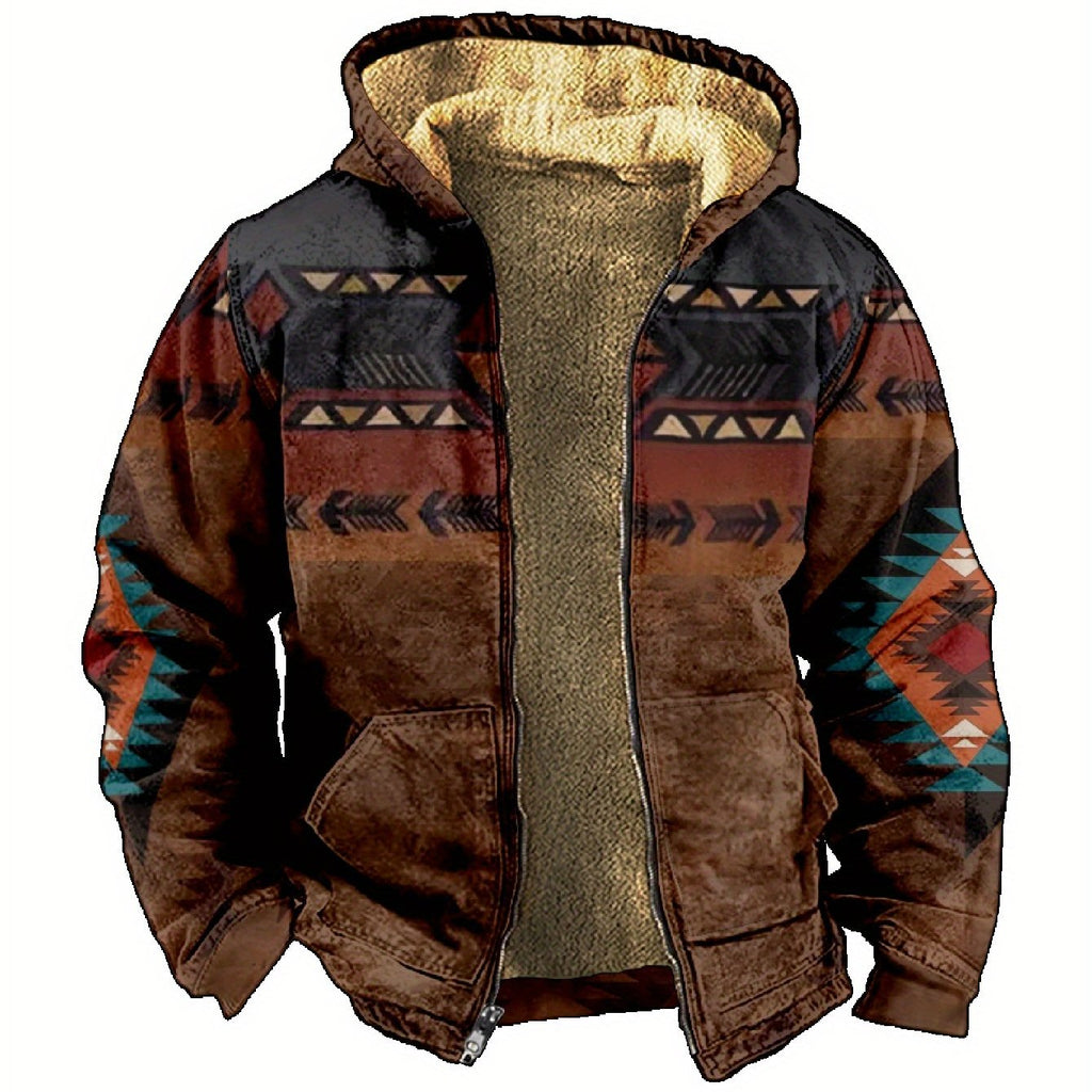 Hooded Zip Jacket Men's Aztec Print Sherpa Fleece Lined Brown – Casual, Winter Outdoor Wear