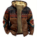 Hooded Zip Jacket Men's Aztec Print Sherpa Fleece Lined Brown – Casual, Winter Outdoor Wear