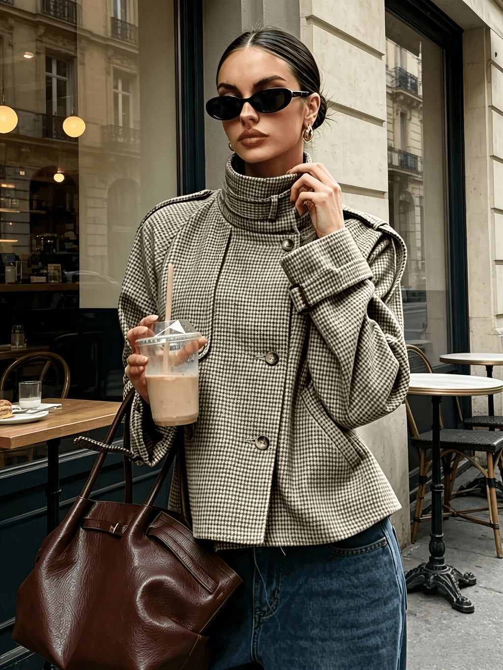 Houndstooth Jacket Women's Stand Collar Button-Front Long Sleeve – Casual, Office