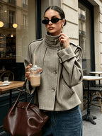 Houndstooth Jacket Women's Stand Collar Button-Front Long Sleeve – Casual, Office