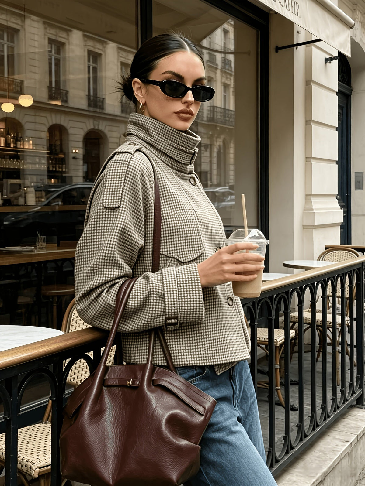 Houndstooth Jacket Women's Stand Collar Button-Front Long Sleeve – Casual, Office