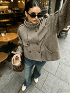 Houndstooth Jacket Women's Stand Collar Button-Front Long Sleeve – Casual, Office