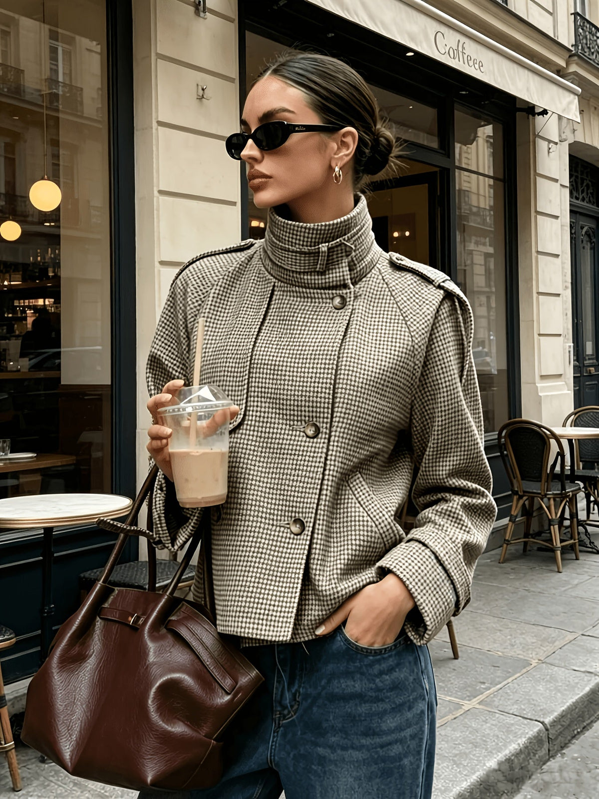 Houndstooth Jacket Women's Stand Collar Button-Front Long Sleeve – Casual, Office