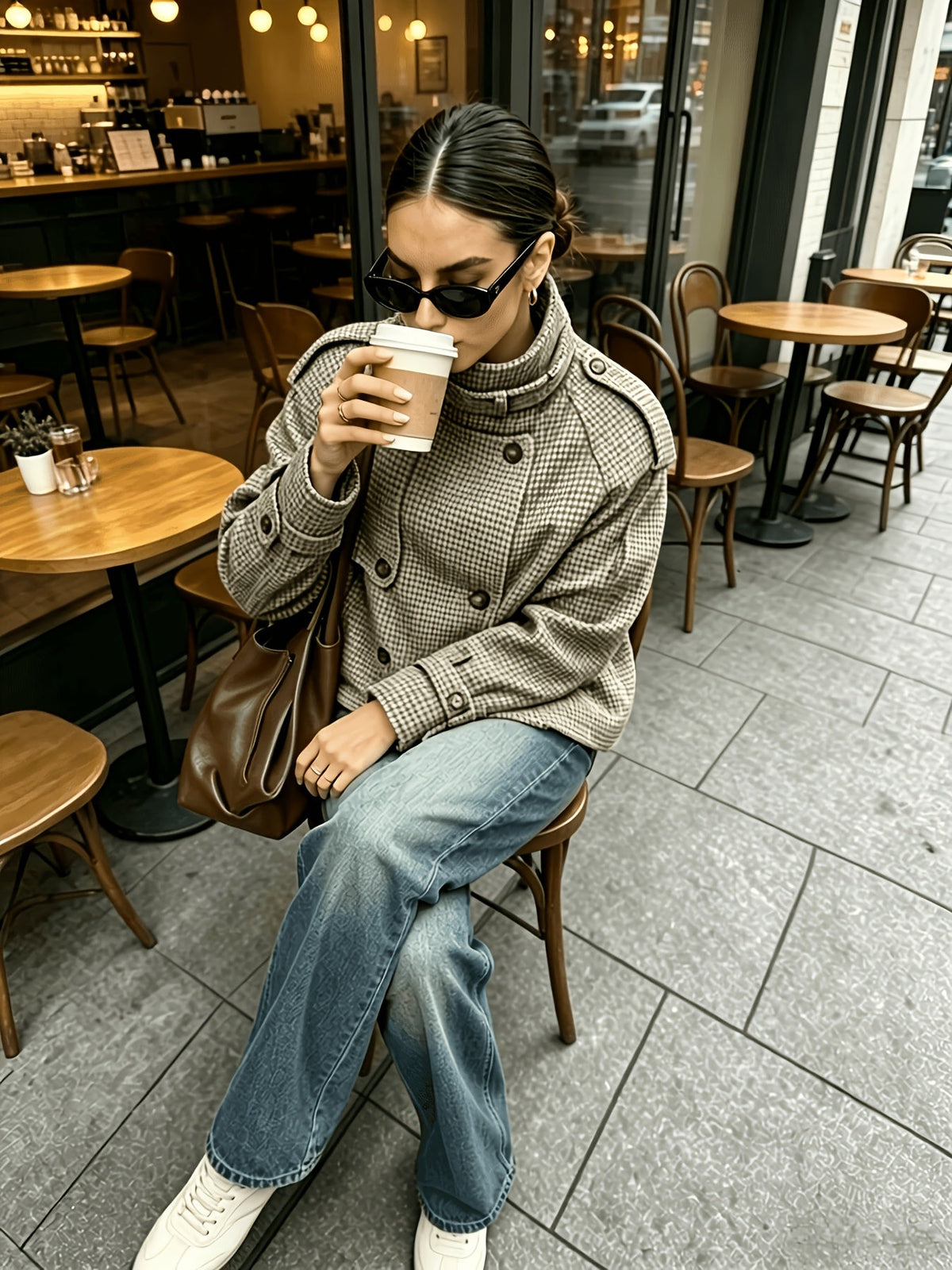 Houndstooth Jacket Women's Stand Collar Button-Front Long Sleeve – Casual, Office
