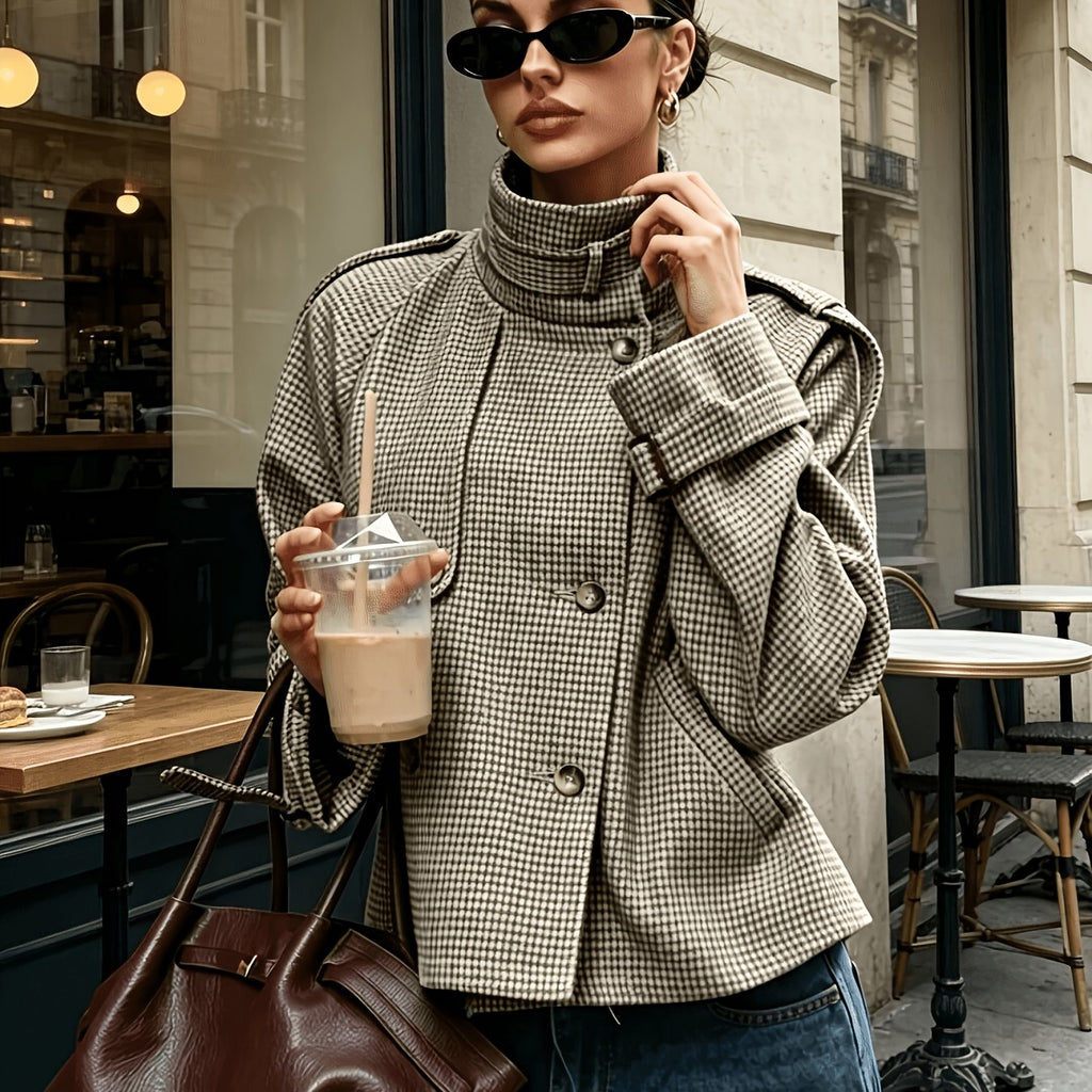 Houndstooth Jacket Women's Stand Collar Button-Front Long Sleeve – Casual, Office