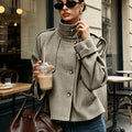 Houndstooth Jacket Women's Stand Collar Button-Front Long Sleeve – Casual, Office