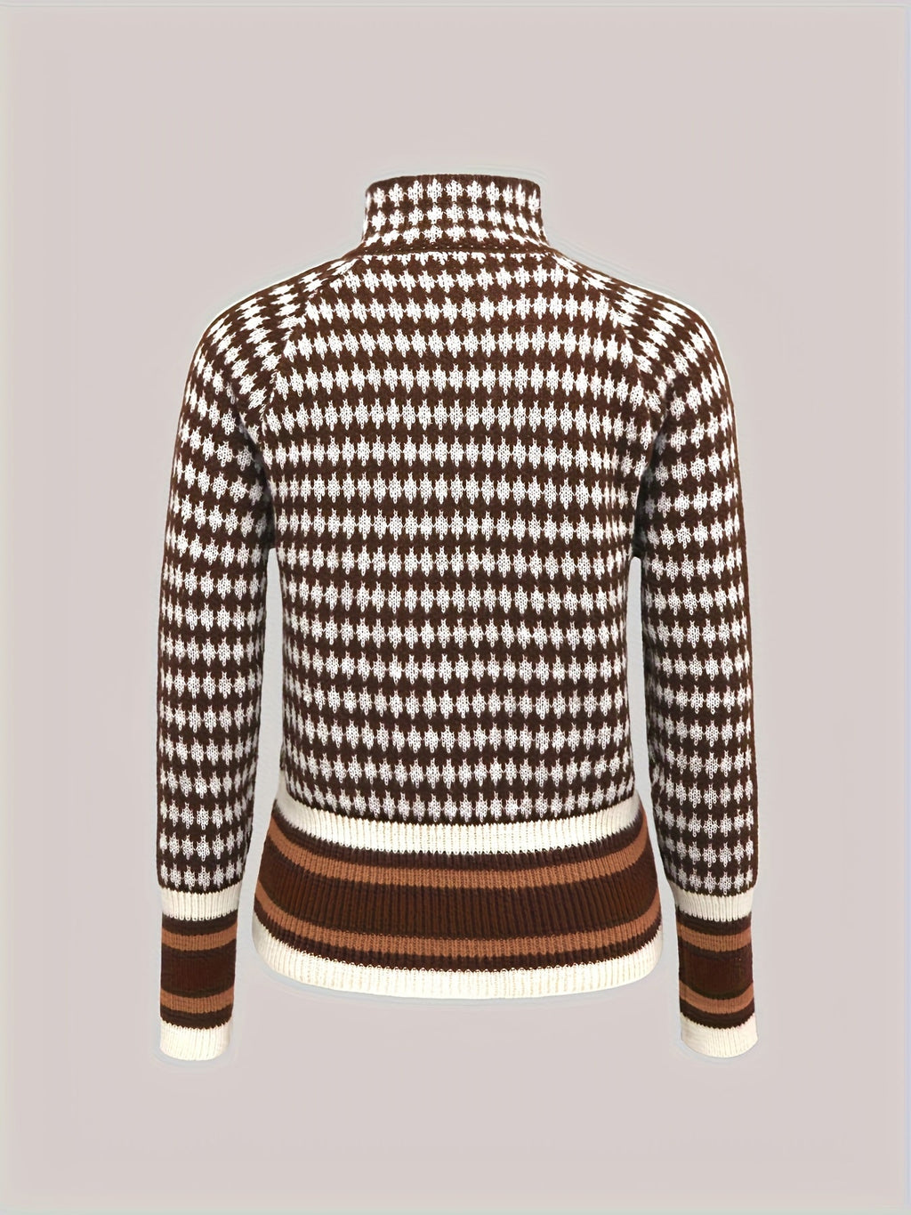 Houndstooth Zip-Front Cardigan Women's Long Sleeve Knit Jacket Brown White – Casual, Office